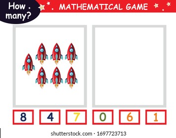 página educativa con juegos matemáticos para niños. cuántos objetos de una página, rodear el número correcto (mundo cósmico)