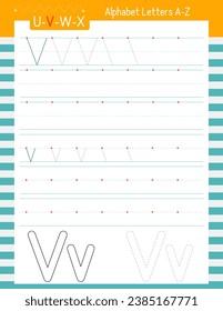 Educational page on line for kids for letter V. Learn to trace alphabet letters. Vector lined worksheet for kids textbook. ABC exercise book.