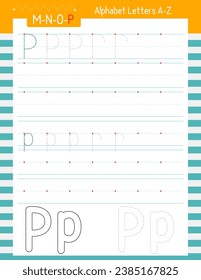 Educational page on line for kids for letter P. Developing writing skills. Learn to trace alphabet letters. Vector lined worksheet for kids textbook. ABC exercise book.