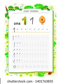 Educational page on square paper for kids with number 1. Printable worksheet for children textbook. Developing skills of counting, writing and tracing. Baby book. Back to school. Vector image.