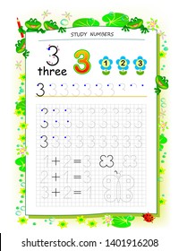 Educational page on square paper for kids with number 3. Printable worksheet for children textbook. Developing skills of counting, writing and tracing. Baby book. Back to school. Vector image.