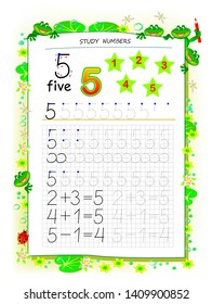 Educational page on square paper for kids with number 5. Printable worksheet for children textbook. Developing skills of counting, writing and tracing. Baby book. Back to school. Vector image.