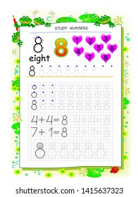 Educational page on square paper for kids with number 8. Printable worksheet for children textbook. Developing skills of counting, writing and tracing. Baby book. Back to school. Vector image.