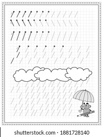 Educational page on square paper for kids. Black and white printable worksheet for children school textbook. Developing skills of counting, drawing, writing and tracing. Sheet for online education.