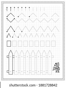 Educational page on square paper for kids. Black and white printable worksheet for children school textbook. Developing skills of counting, drawing, writing and tracing. Sheet for online education.
