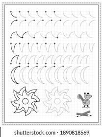 Página educativa en papel cuadrado para niños. Hoja de trabajo imprimible en blanco y negro para libros de texto escolares para niños. Desarrollar habilidades de recuento, dibujo, escritura y rastreo. Hoja para educación en línea.