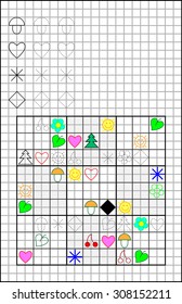 Educational page on a square paper for children. Developing skills for counting and drawing. Vector image.