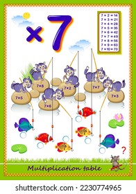 Educational page for school. Multiplication table by 7 for kids. Solve examples and write numbers in the circles. Logic puzzle game with labyrinth. Printable worksheet for children math textbook.