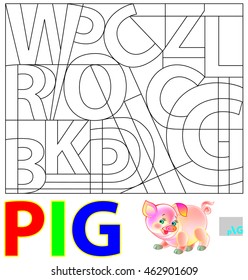 Educational page for study English. Need to find hidden word and paint the letters in relevant colors. Logic puzzle. Vector image.