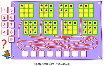 Educational page for young children. Count the quantity of stars and write the numbers in corresponding places. Logic puzzle game. Vector cartoon image.