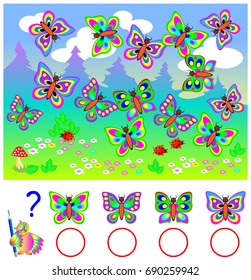 Educational page for young children. Count identical butterflies and write corresponding numbers in the circles. Logic puzzle game. Vector cartoon image.