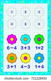 Educational page for young children with exercises on a square paper. Need to solve examples and to paint the flowers in corresponding colors. Developing skills for counting. Vector image.