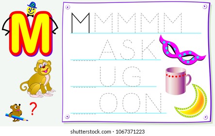 Educational page for young children with letter M for study English. Developing skills for writing and reading. Vector cartoon image.