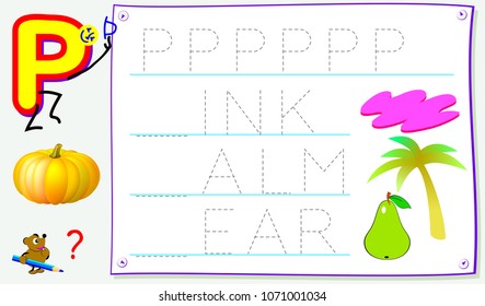 Educational page for young children with letter P for study English. Developing skills for writing and reading. Vector cartoon image.