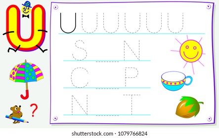 Educational page for young children with letter U for study English. Developing skills for writing and reading. Vector cartoon image.