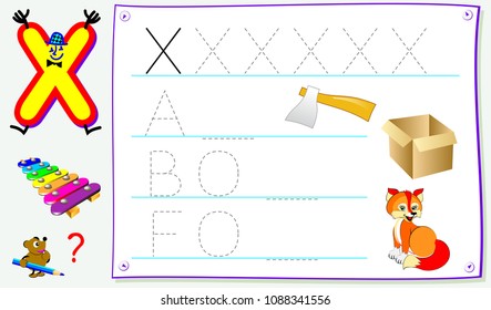 Educational page for young children with letter X for study English. Developing skills for writing and reading. Vector cartoon image.