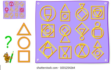 Educational page for young children. Need to find three wrong signs. Developing skills for study geometric figures. Vector cartoon image.