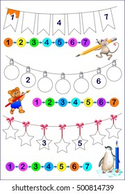 Educational page for young children.  Need to write the numbers in order and paint the objects in corresponding colors. Developing skills for counting. Vector cartoon image.