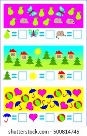 Educational page for young children. Need to count the objects and write corresponding numbers. Developing skills for counting. Vector cartoon image.