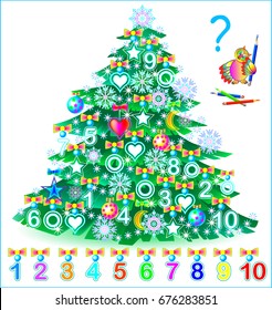 Educational page for young children. Need to find the numbers hidden in the Christmas tree and paint them in relevant colors. Vector cartoon image.