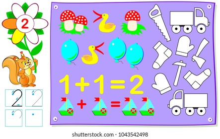Educational page for young children with number two. Need to color all the objects which are in double quantity. Vector cartoon image.