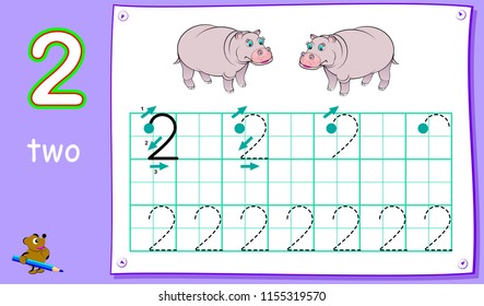 Educational page for young children with number two. Developing skills for writing and counting. Vector cartoon image.
