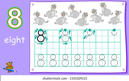 Educational page for young children with number eight. Developing skills for writing and counting. Vector cartoon image.