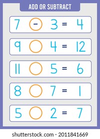Educational page for young children on addition and subtraction. Printed worksheet for children's math textbooks. Solve examples and write the numbers. Workbook. Mathematics education.