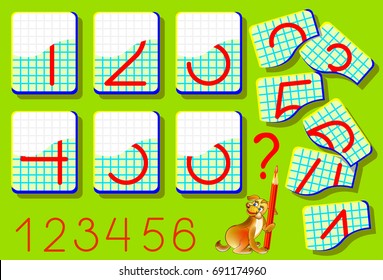 Educational page for young children on a square paper. Need to find the second parts of numbers and draw them in relevant places. Logic puzzle game. Vector image.