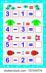 Educational page for young children on a square paper. Exercises on subtraction. Developing skills for counting. Vector image.