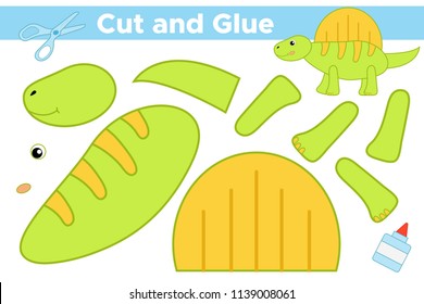 Educational paper game for children. Create cartoon dinosaur Spinosaurus. Use scissors and glue to create the applique. Vector illustration