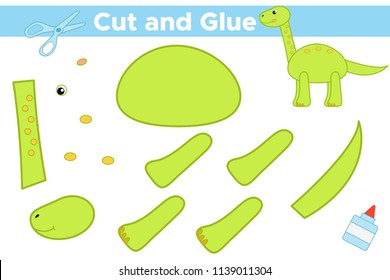 Educational paper game for children. Create cartoon dinosaur Brachiosaurus. Use scissors and glue to create the applique. Vector illustration