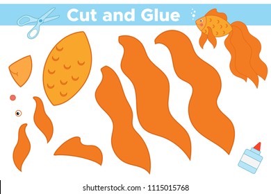 Educational paper game for children. Cut and glue beautiful golden fish. Activity worksheet. Vector illustration