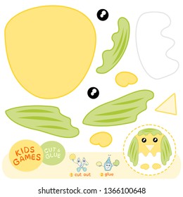 Educational paper game for children: cut out pieses of image and glue them using the example, for preschool and primary school activity, isolated vector elements of animals - the little yellow chicken