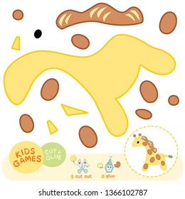Educational paper game for children: cut out pieses of image and glue them using the example, for preschool and primary school activity, vector elements of savari animals - the cute giraffe