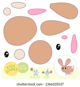 Educational paper game for children: cut out pieses of image and glue them using the example, for preschool and primary school activity, isolated vector elements of animals - the little brown bunny