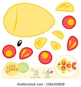 Educational paper game for children: cut out pieses of image and glue them using the example, for preschool and primary school activity, vector elements of sea animals - the yellow little fish