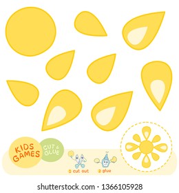 Educational paper game for children: cut out pieses of image and glue them using the example, for preschool and primary school activity, vector elements of nature - the sun on the white background