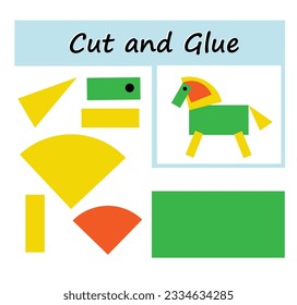 Educational paper game for children. Cut parts of the image and glue on the paper. DIY worksheet. Vector illustration of cartoon horse. 