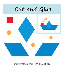 Educational paper game for children. Cut parts of the image and glue on the paper. DIY worksheet. Vector illustration of paper boat from geometric shapes. 