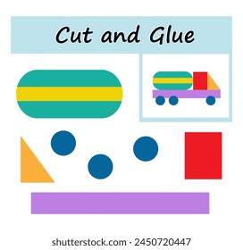 Educational paper game for children. Cut parts of the image and glue on the paper. DIY worksheet. Vector illustration of the truck from geometric shapes. 