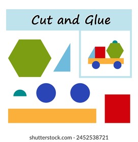 Educational paper game for children. Cut parts of the image and glue on the paper. DIY worksheet. Vector illustration of cartoon car from geometric shapes. 