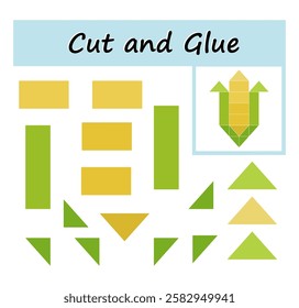 Educational paper game for children. Cut parts of the image and glue on the paper. DIY worksheet. Vector illustration of cartoon corn.