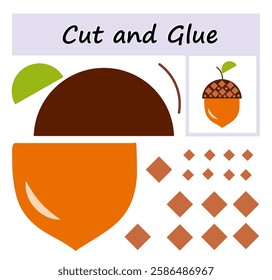 Educational paper game for children. Cut parts of the image and glue on the paper. Vector illustration of cartoon acorn.