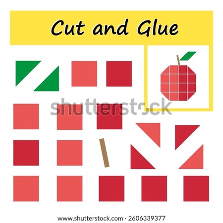 Educational paper game for children. Cut parts of the image and glue on the paper. DIY worksheet. Vector illustration of cartoon red apples.