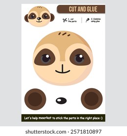 Educational paper game for children featuring a cute meerkat illustration to cut and glue