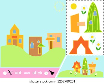 Educational paper game for children houses in the summer. Use scissors and glue to create an image.