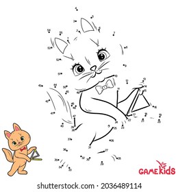 Educational paper game for children. Vector illustration. Connect the points with a line in order. A cat plays a musical instrument