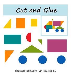 Educational paper game. Cut parts of the image and glue on the paper. DIY worksheet. Vector illustration of dump truck from geometric shapes. 