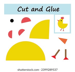 Educational paper game. DIY worksheet. Cut parts of the image and glue on the paper. Cartoon cute chick.